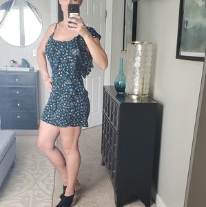 Mini black dress with butterflies and side ruffle